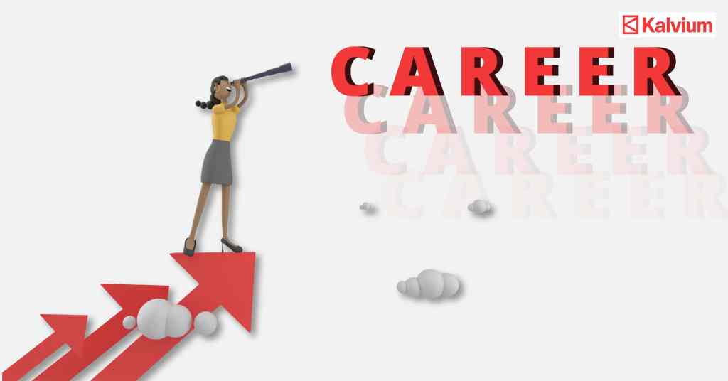 A girl standing on top of an upward pointing arrow, looking through a telescope at her career and future after knowing what does a computer science engineer do - Kalvium