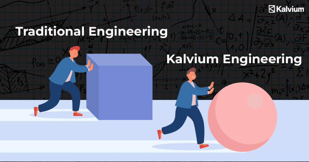 Engineers collaborating on traditional vs. Kalvium engineering projects, innovative tech concepts, educational emphasis, modern engineering methods, technology transformation, inspired by Kalvium blog content.