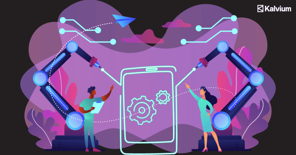Robotic arms assembling a smartphone with gears, representing automation and innovative technology in mobile development for Kalvium blog readers.
